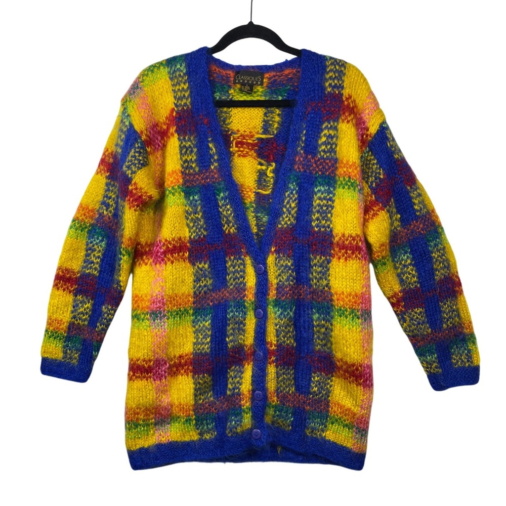 Classiques Vtg Yellow Plaid Mohair Blend Hand Knit Cardigan Sweater Womens Small